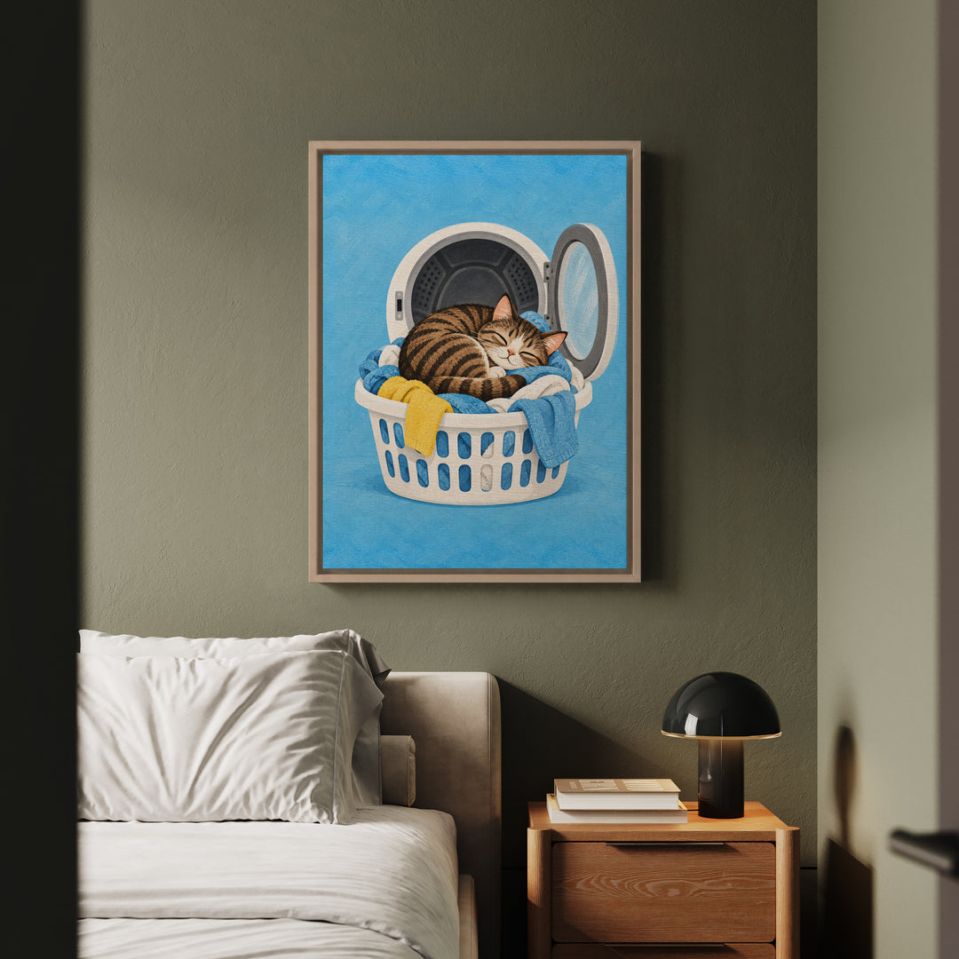 Warm Load – Laundry Room Art with a Tabby in Fresh Linens – Framed Canvas Wall Art