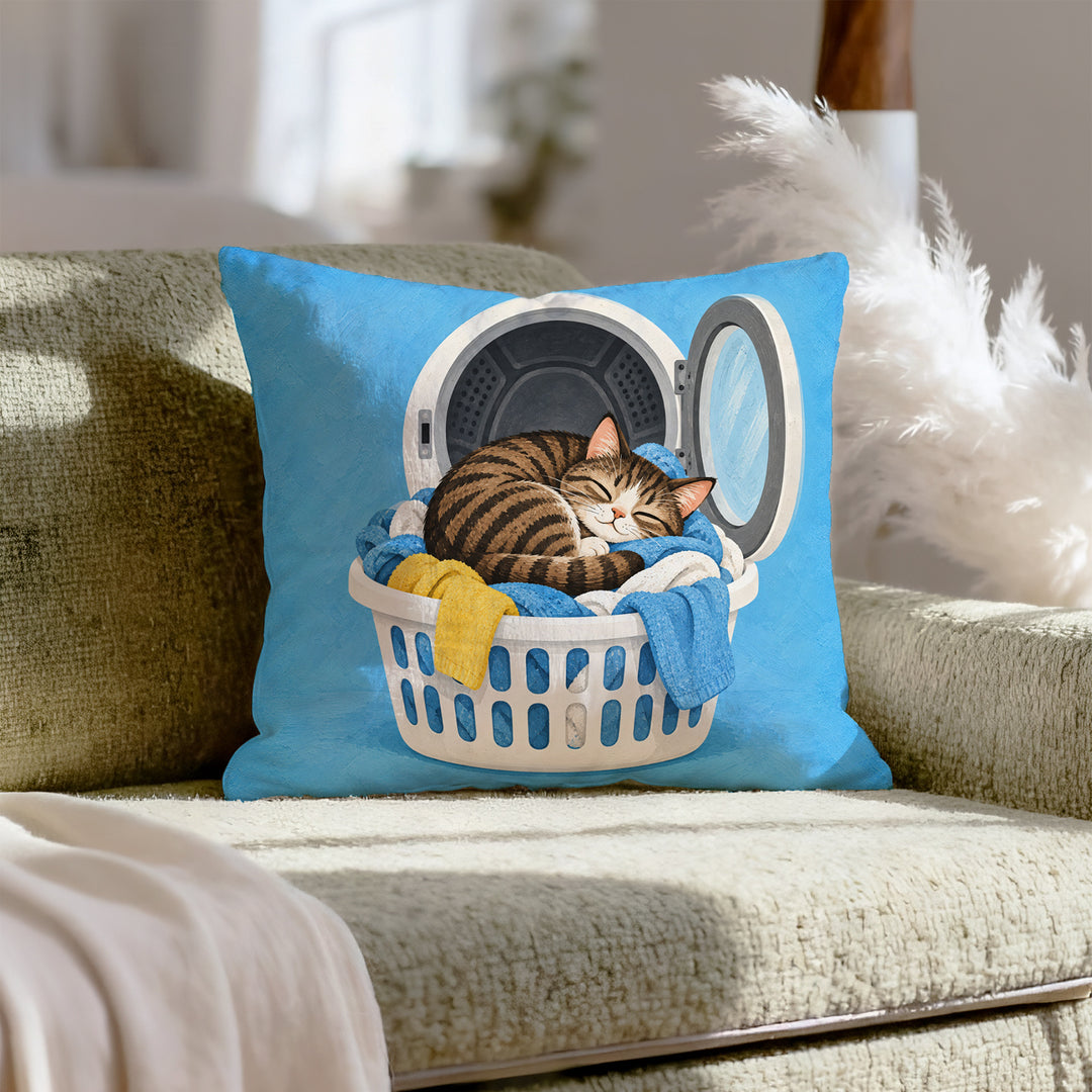 Warm Load – Laundry Room Art with a Tabby in Fresh Linens – Pillow / Cover