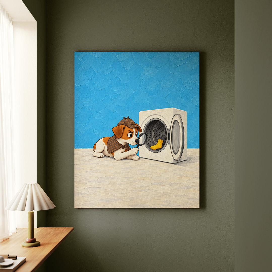 Missing Sock Case – Laundry Room Decor with a Dryer Drum Stakeout – Canvas / Framed Canvas