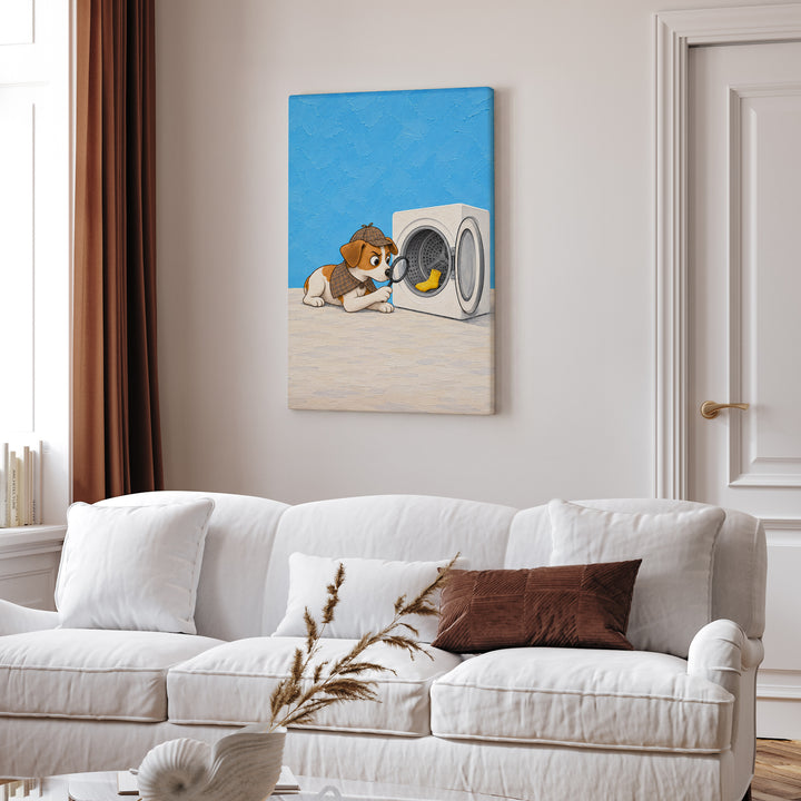 Missing Sock Case – Laundry Room Decor with a Dryer Drum Stakeout – Canvas / Framed Canvas