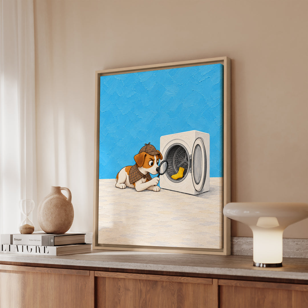 Missing Sock Case – Laundry Room Decor with a Dryer Drum Stakeout – Canvas / Framed Canvas
