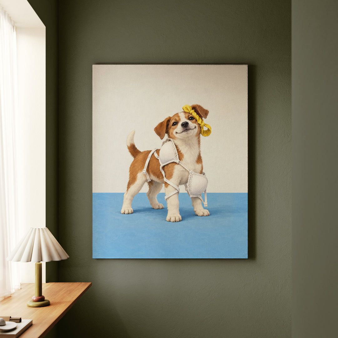 Delicates Down – Laundry Room Art with a Puppy in Tangled Straps – Canvas / Framed Canvas