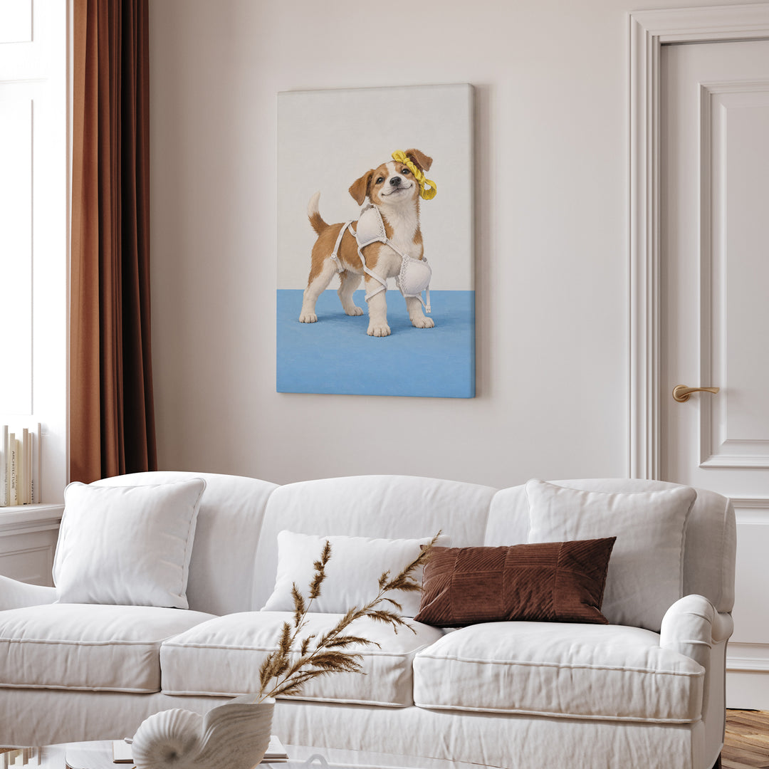 Delicates Down – Laundry Room Art with a Puppy in Tangled Straps – Canvas / Framed Canvas