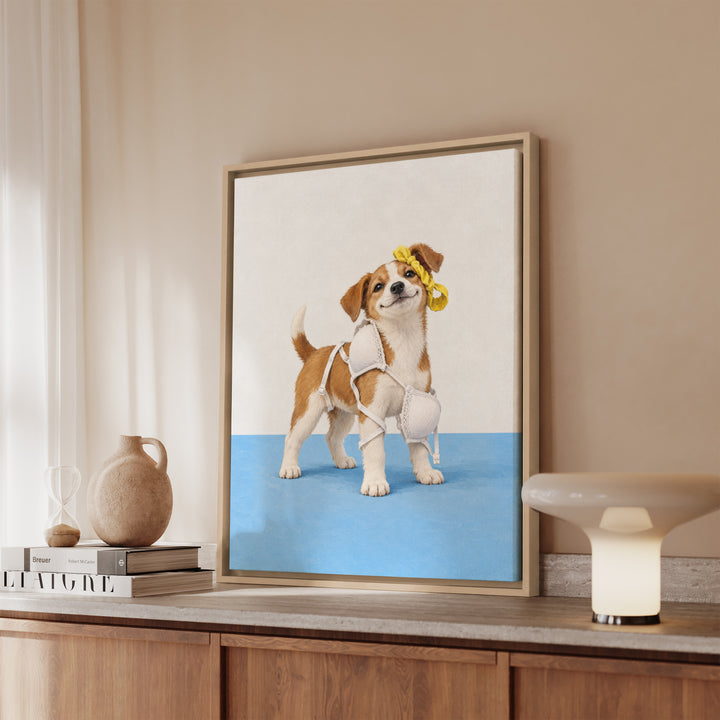 Delicates Down – Laundry Room Art with a Puppy in Tangled Straps – Canvas / Framed Canvas