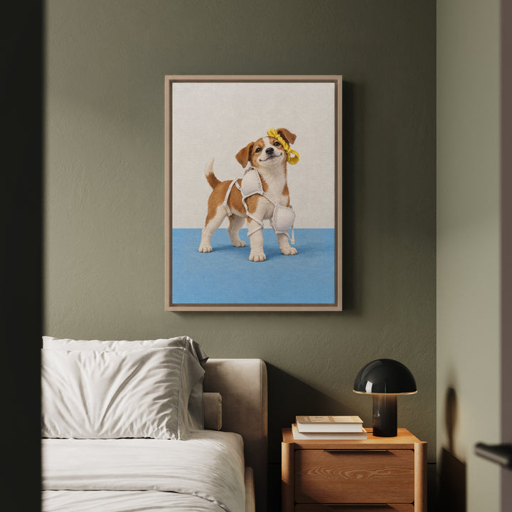 Delicates Down – Laundry Room Art with a Puppy in Tangled Straps – Canvas / Framed Canvas