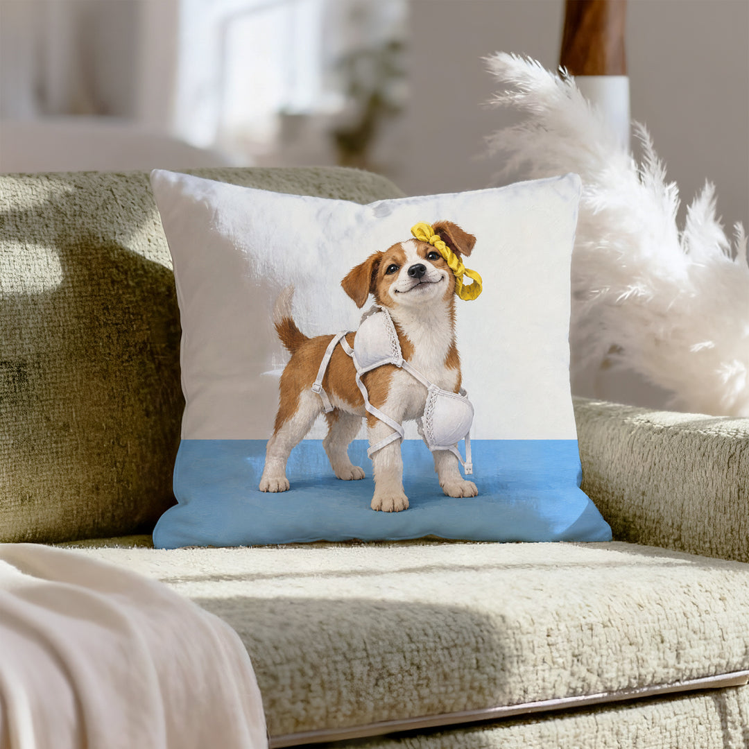Delicates Down – Laundry Room Decor with a Puppy in Tangled Straps – Throw Pillow