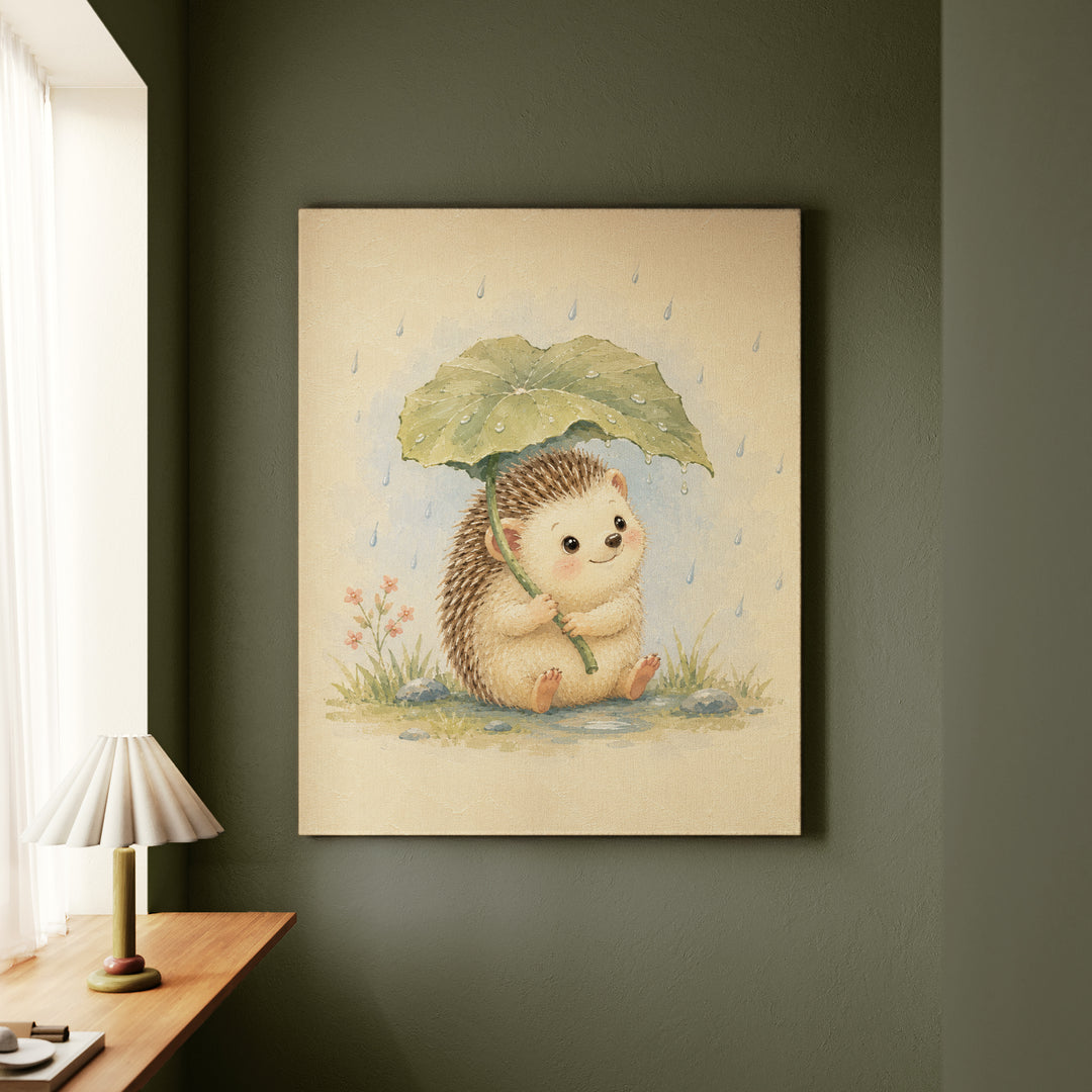 Woodland Small: Hedgehog – Woodland Nursery Art with a Leaf Umbrella in Rain – Canvas / Framed Canvas