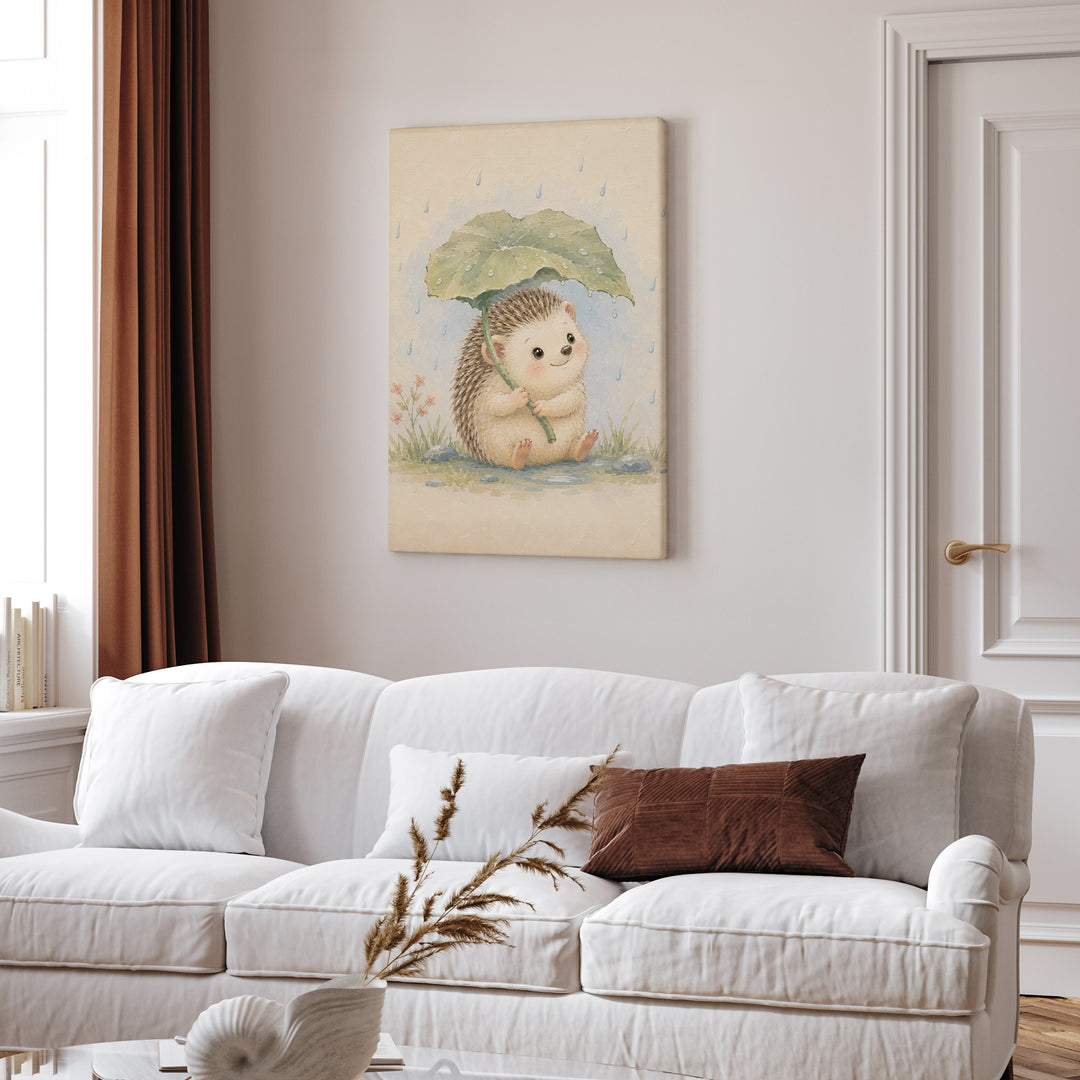 Woodland Small: Hedgehog – Woodland Nursery Art with a Leaf Umbrella in Rain – Canvas / Framed Canvas