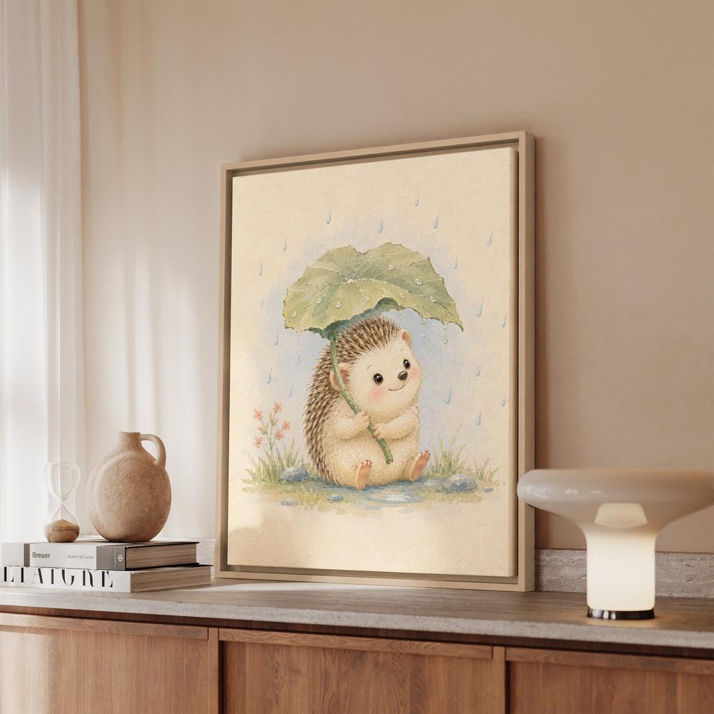 Woodland Small: Hedgehog – Woodland Nursery Art with a Leaf Umbrella in Rain – Canvas / Framed Canvas