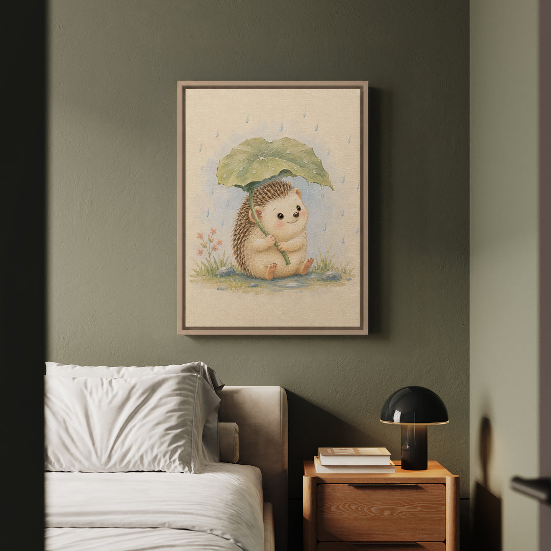 Woodland Small: Hedgehog – Woodland Nursery Art with a Leaf Umbrella in Rain – Canvas / Framed Canvas