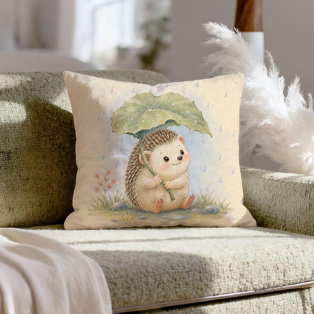Woodland Small: Hedgehog – Woodland Nursery Decor with a Leaf Umbrella in Rain – Throw Pillow