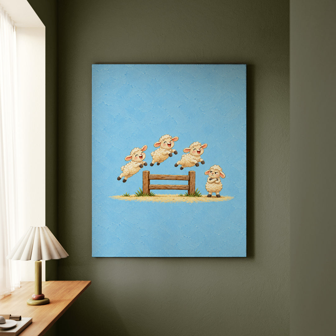 Counting Sheepdogs – Nursery Art with Sheep Jumping a Fence Out Loud – Canvas Wall Art