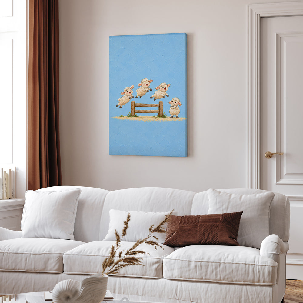 Counting Sheepdogs – Nursery Art with Sheep Jumping a Fence Out Loud – Canvas Wall Art