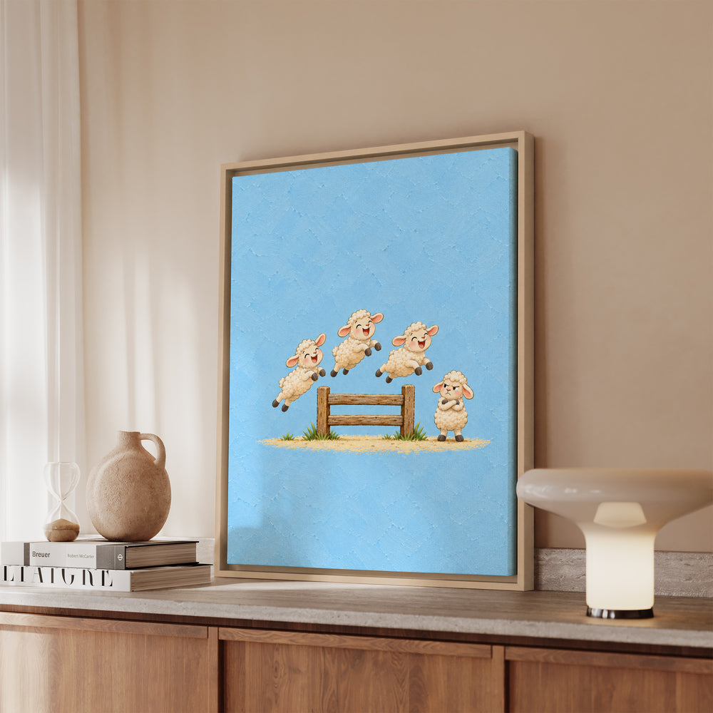 Counting Sheepdogs – Nursery Art with Sheep Jumping a Fence Out Loud – Canvas / Framed Canvas