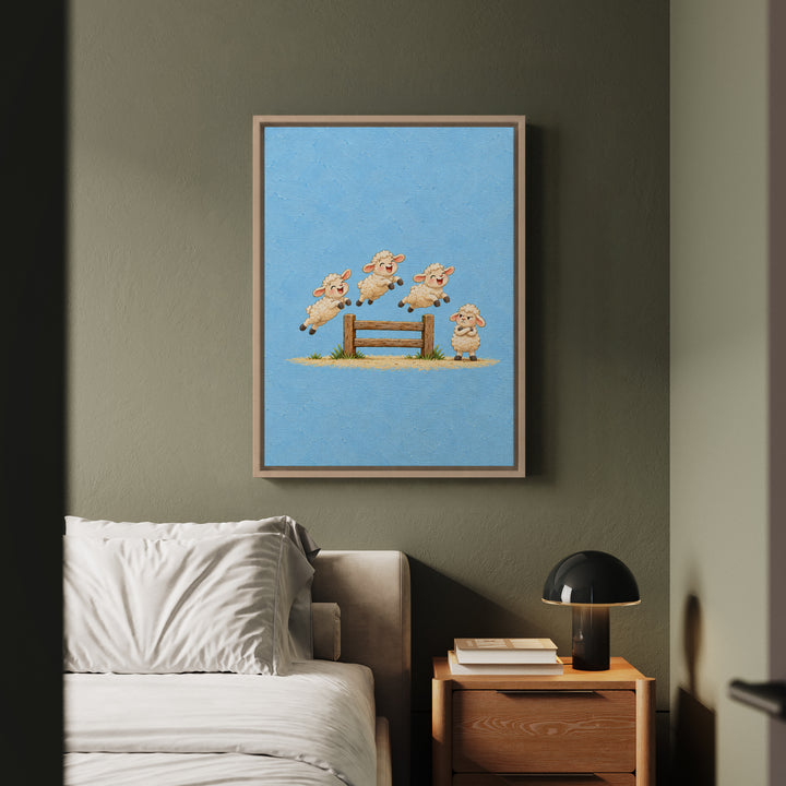 Counting Sheepdogs – Nursery Art with Sheep Jumping a Fence Out Loud – Framed Canvas Wall Art