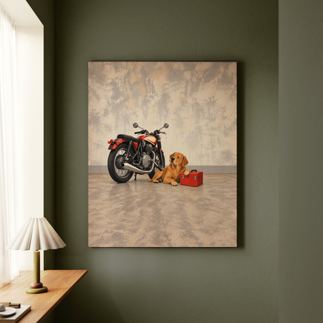 Garage Supervisor – Motorcycle Wall Art with a Dog Guarding the Bike – Canvas / Framed Canvas