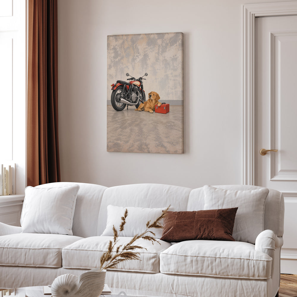 Garage Supervisor – Motorcycle Wall Art with a Dog Guarding the Bike – Canvas Wall Art