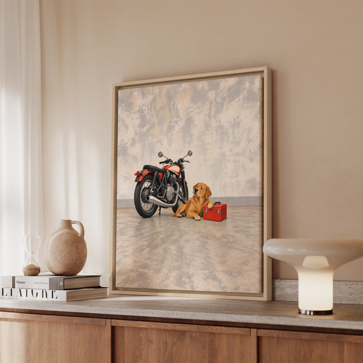 Garage Supervisor – Motorcycle Wall Art with a Dog Guarding the Bike – Canvas / Framed Canvas