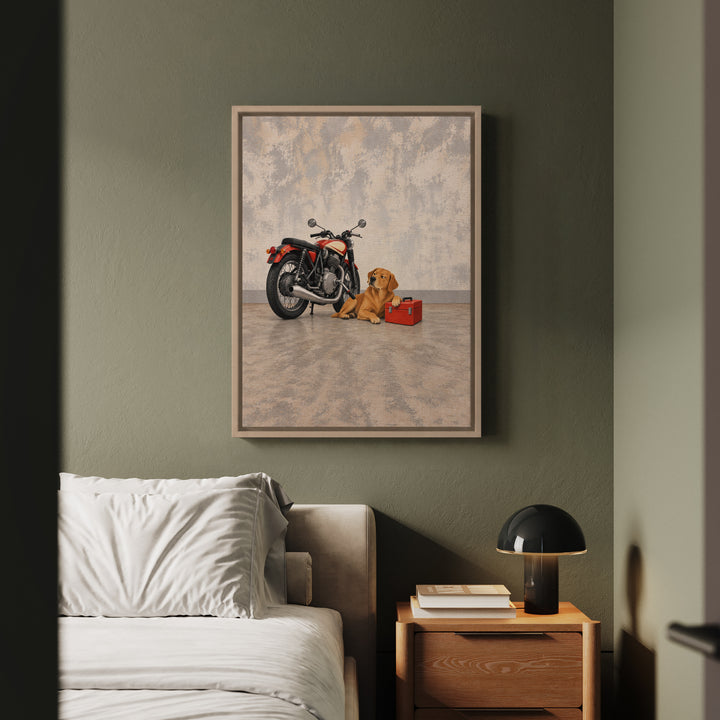 Garage Supervisor – Motorcycle Wall Art with a Dog Guarding the Bike – Canvas / Framed Canvas