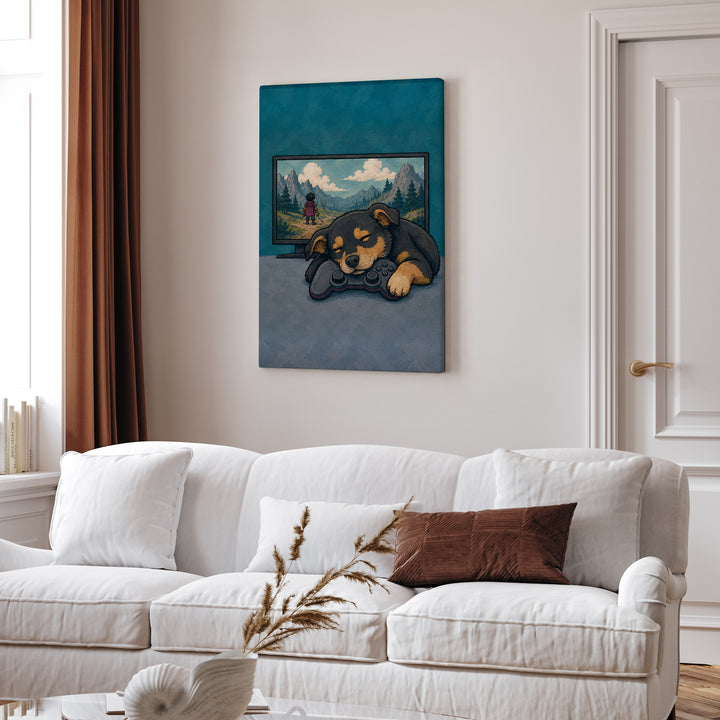 Respawn – Gaming Wall Art with a Dog Asleep on the Controller – Canvas Wall Art