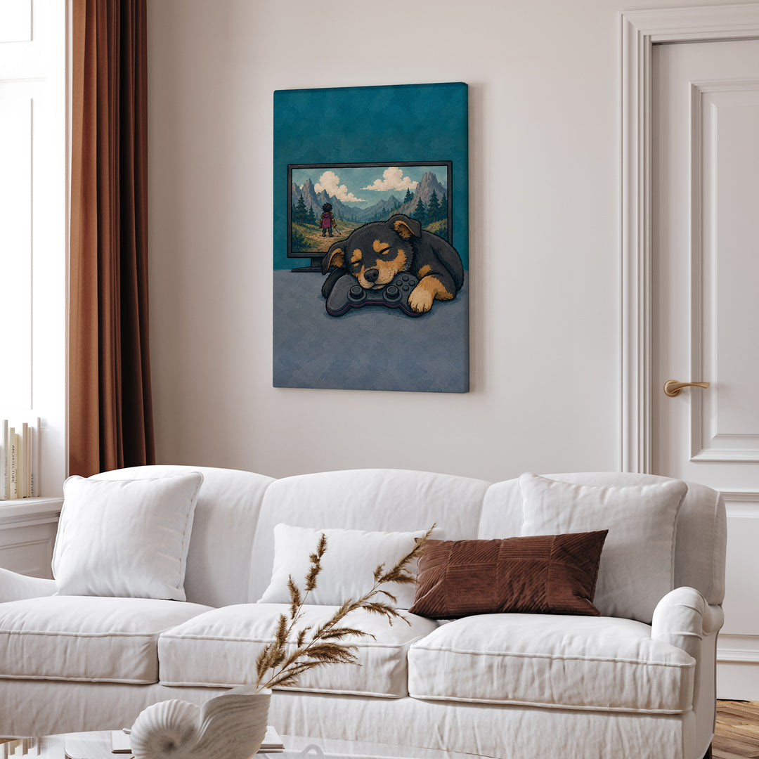 Respawn – Gaming Wall Art with a Dog Asleep on the Controller – Canvas / Framed Canvas
