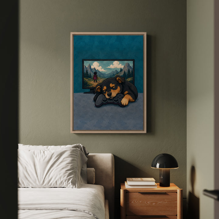 Respawn – Gaming Wall Art with a Dog Asleep on the Controller – Framed Canvas Wall Art