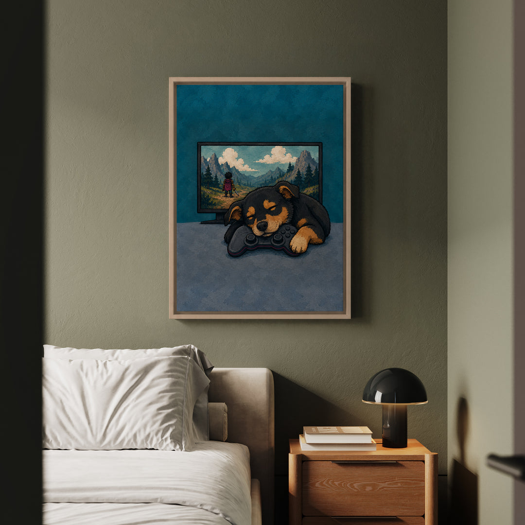 Respawn – Gaming Wall Art with a Dog Asleep on the Controller – Canvas / Framed Canvas
