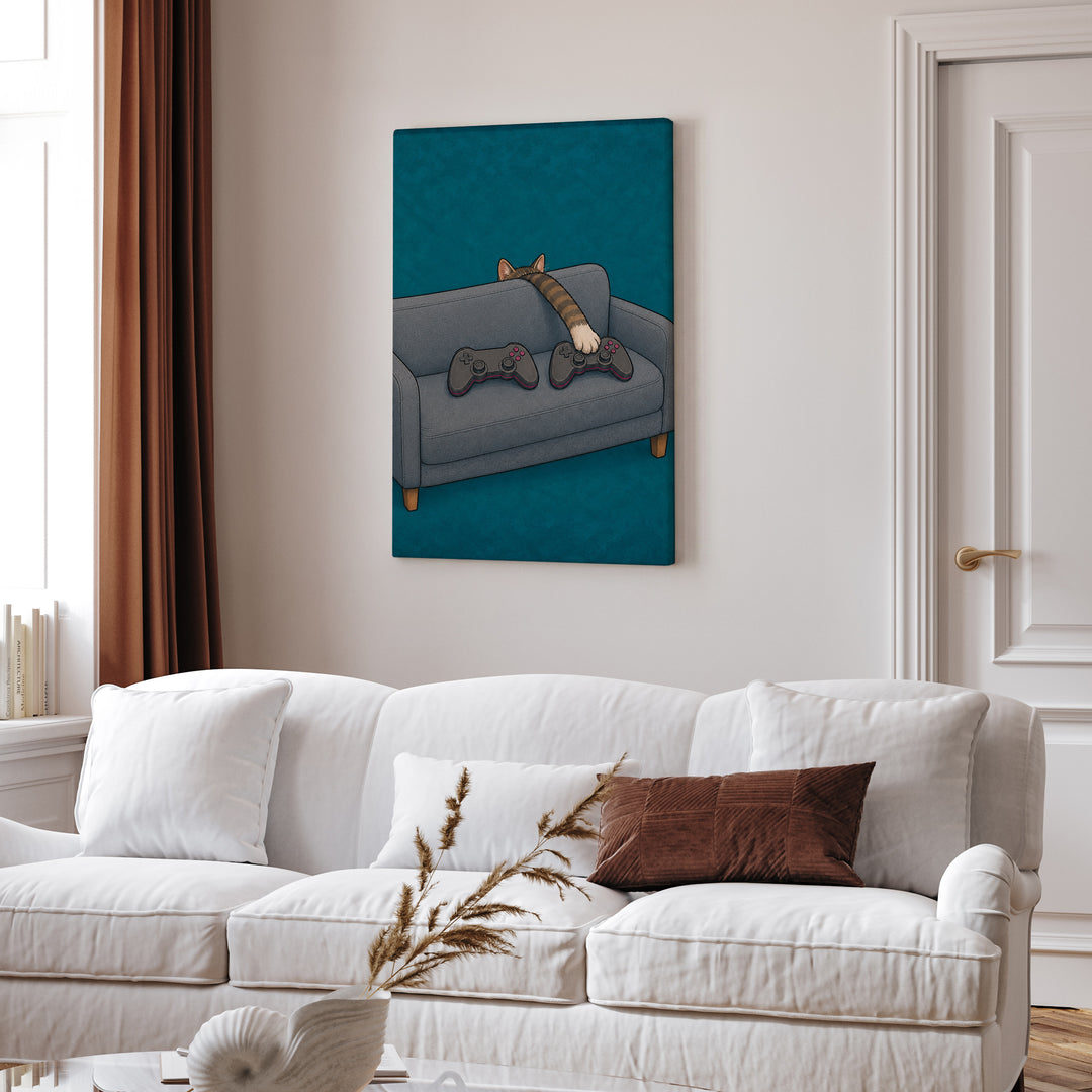 Player Two – Game Room Decor with a Paw and a Second Controller – Canvas Wall Art