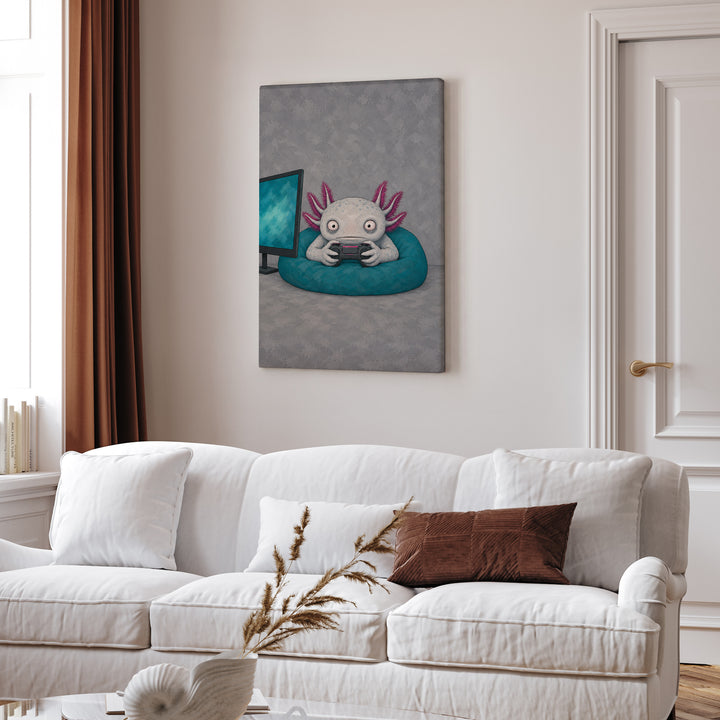 One More Level – Gaming Wall Art with an Axolotl in Monitor Glow – Canvas Wall Art
