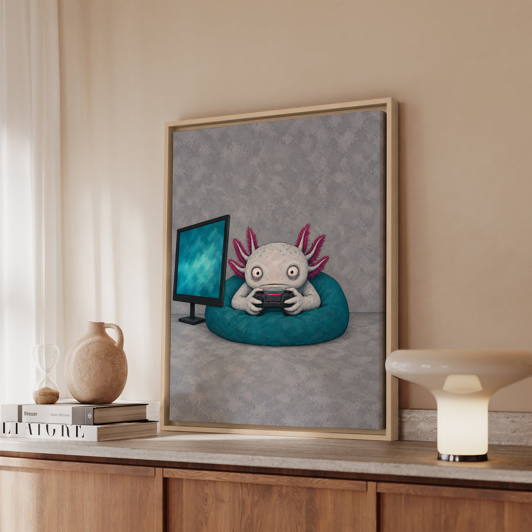 One More Level – Gaming Wall Art with an Axolotl in Monitor Glow – Canvas / Framed Canvas