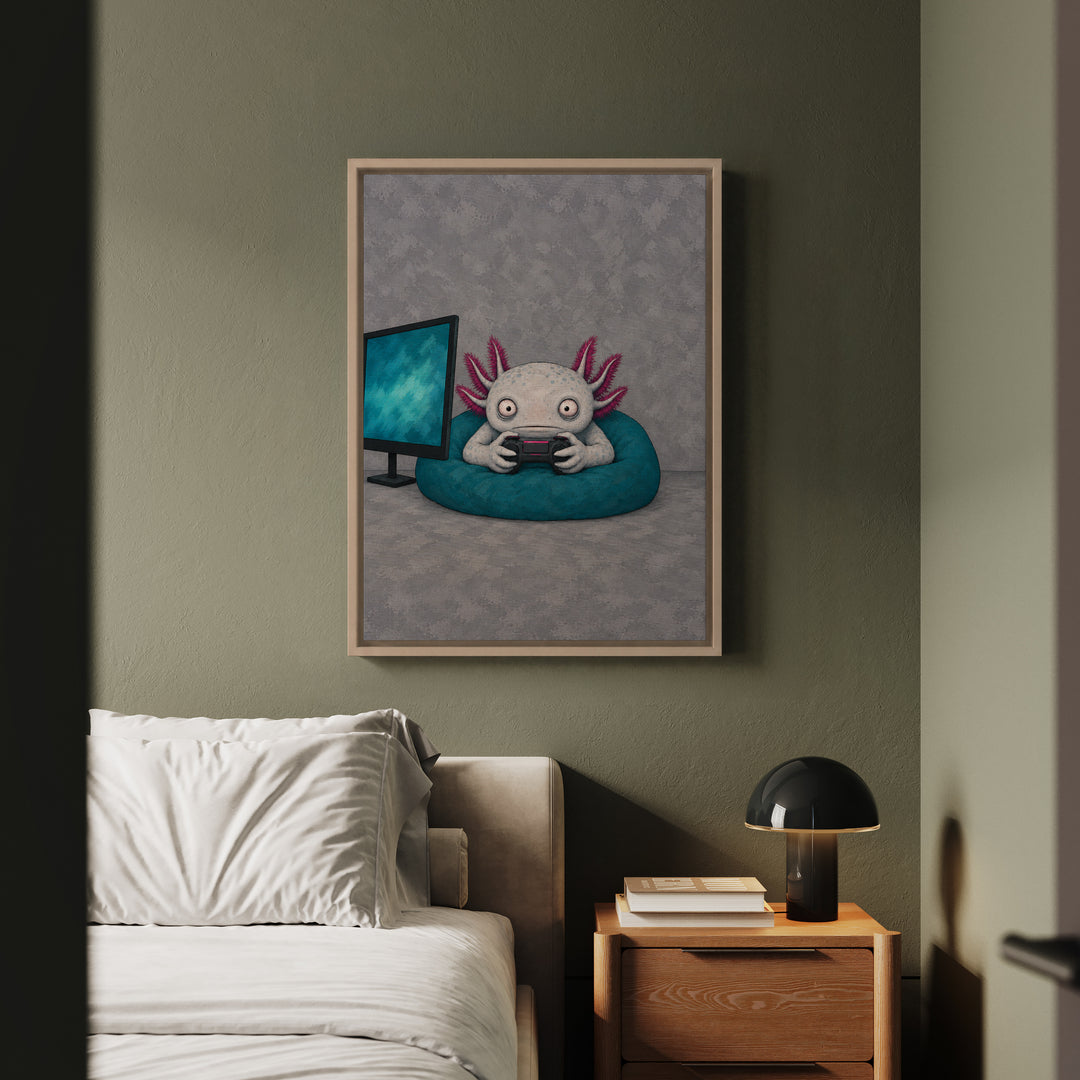 One More Level – Gaming Wall Art with an Axolotl in Monitor Glow – Canvas / Framed Canvas