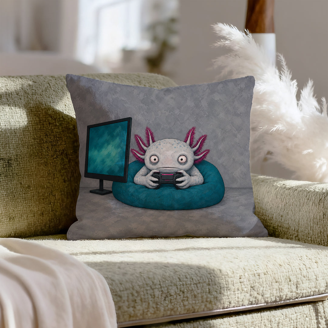 One More Level – Gaming Decor with an Axolotl in Monitor Glow – Pillow Cover