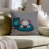 One More Level – Gaming Decor with an Axolotl in Monitor Glow – Pillow Cover