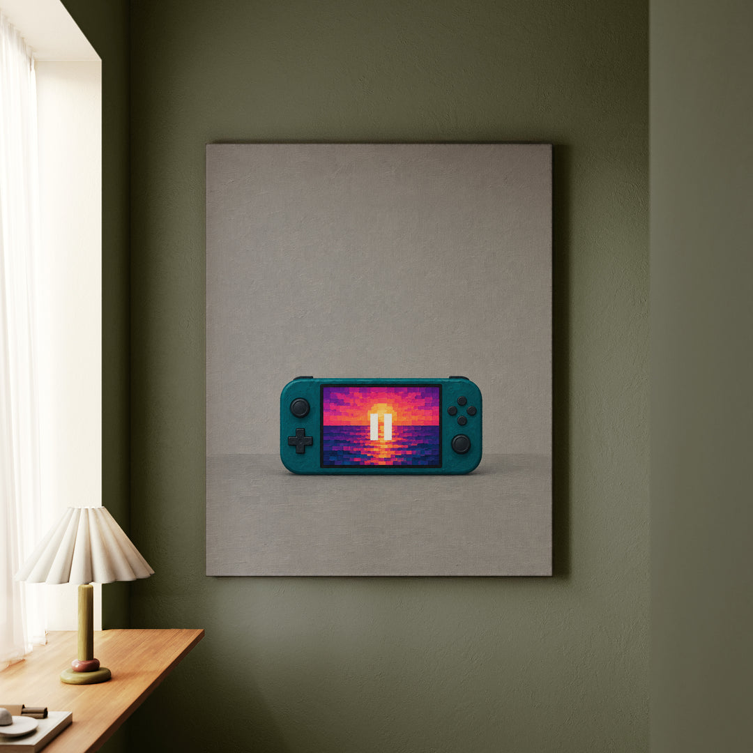 Pause Screen Sunset – Gaming Wall Art with a Pixel Horizon in Thick Squares – Canvas / Framed Canvas