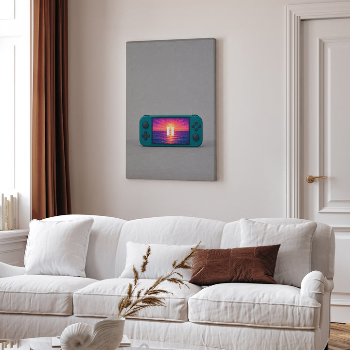 Pause Screen Sunset – Gaming Wall Art with a Pixel Horizon in Thick Squares – Canvas / Framed Canvas