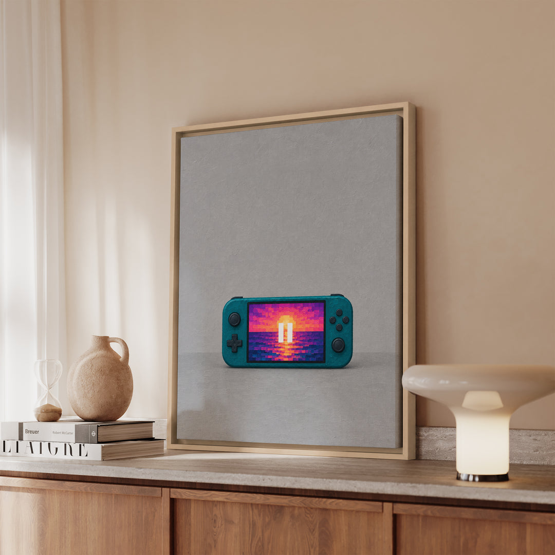 Pause Screen Sunset – Gaming Wall Art with a Pixel Horizon in Thick Squares – Canvas / Framed Canvas
