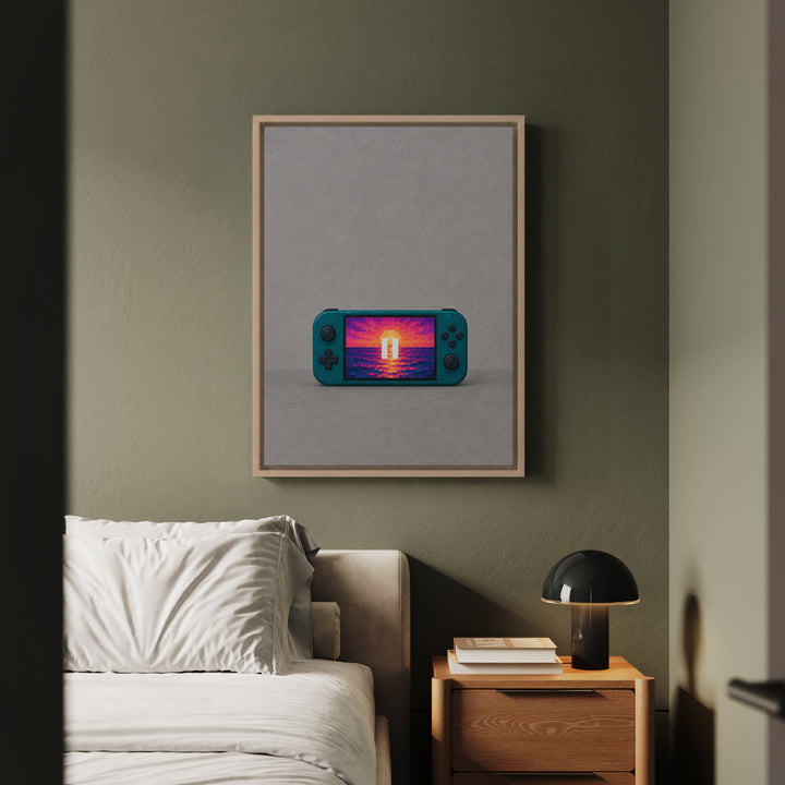 Pause Screen Sunset – Gaming Wall Art with a Pixel Horizon in Thick Squares – Canvas / Framed Canvas
