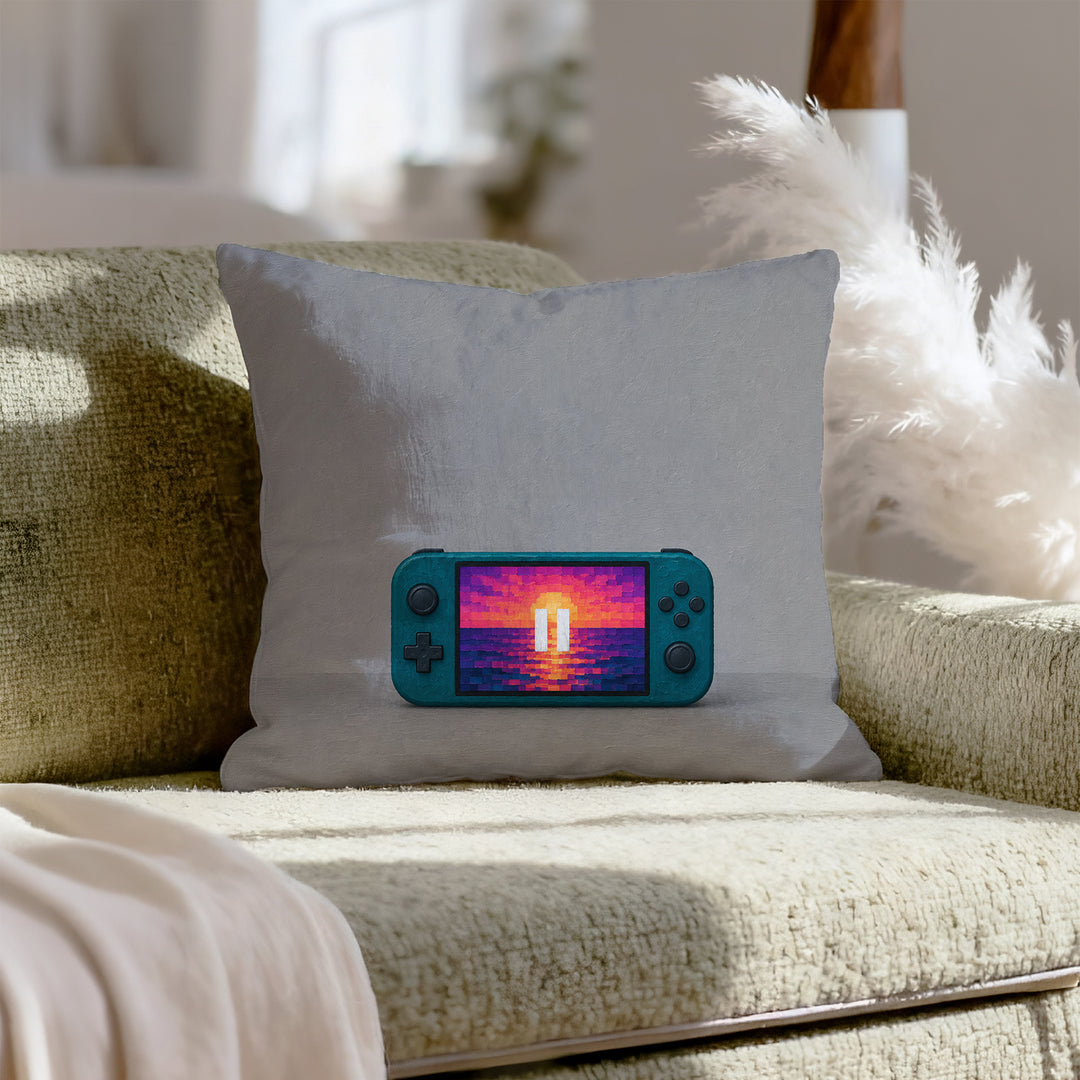 Pause Screen Sunset – Gaming Decor with a Pixel Horizon in Thick Squares – Pillow Cover