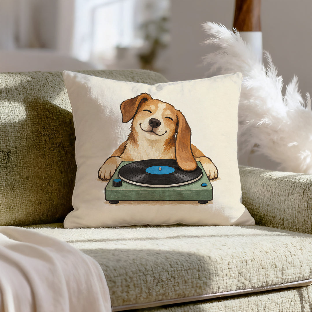 Side A – Vinyl Record Decor with an Ear on a Spinning Disc – Throw Pillow