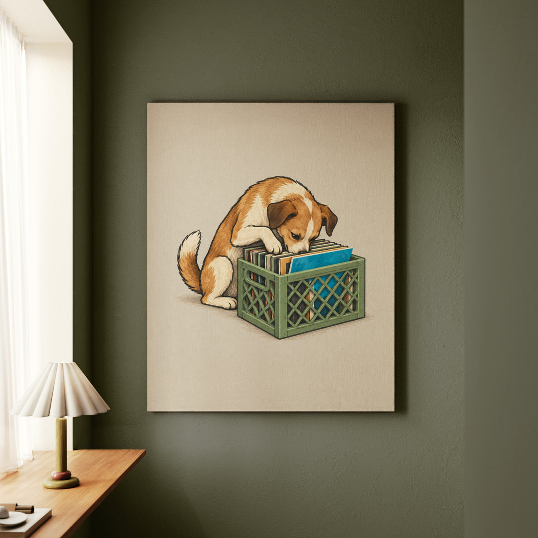 Crate Digger – Vinyl Record Decor with a Nose Deep in First Pressings – Canvas Wall Art