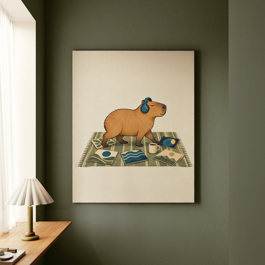 Vinyl Sunday – Vinyl Record Decor with Headphones on a Rug – Canvas Wall Art