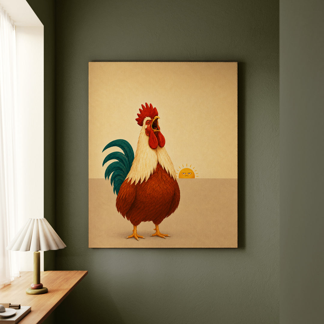 The Morning Announcement – Rooster Art with a Full Theatrical Dawn Crow – Canvas / Framed Canvas