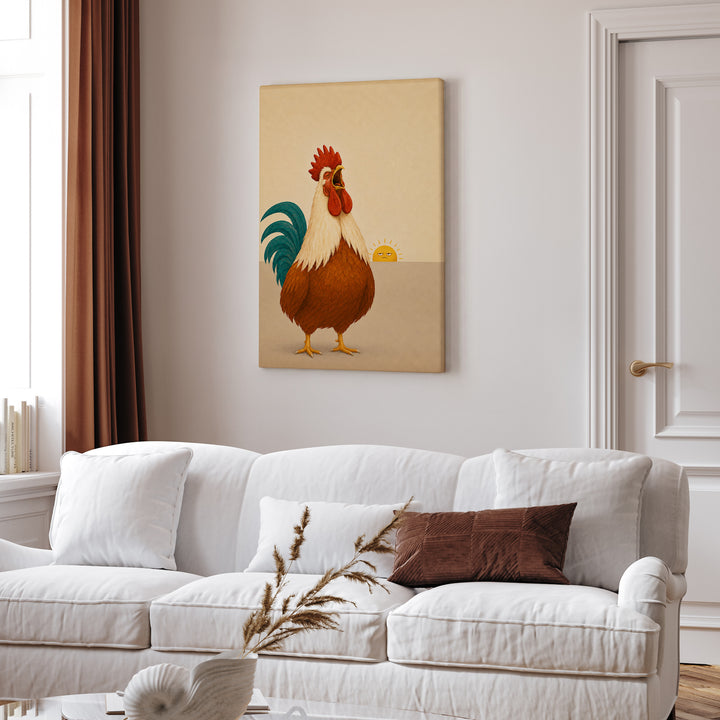 The Morning Announcement – Rooster Art with a Full Theatrical Dawn Crow – Canvas / Framed Canvas