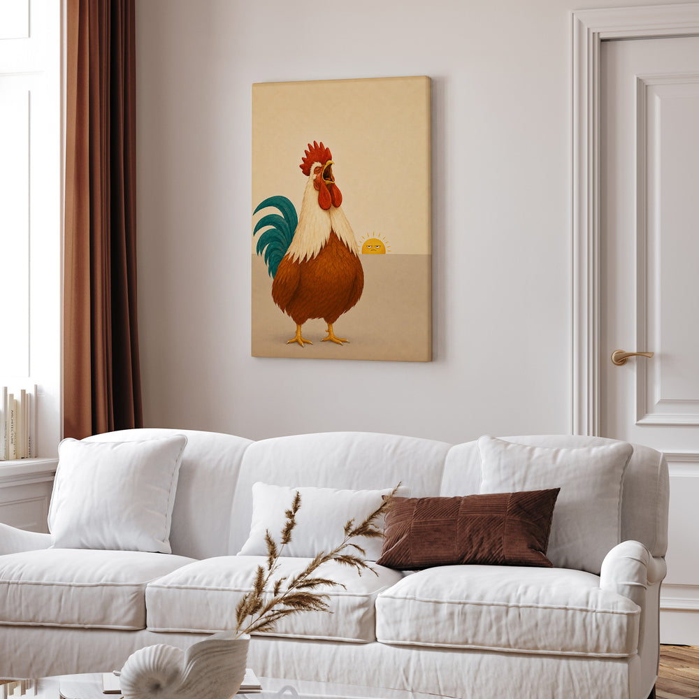 The Morning Announcement – Rooster Art with a Full Theatrical Dawn Crow – Canvas Wall Art