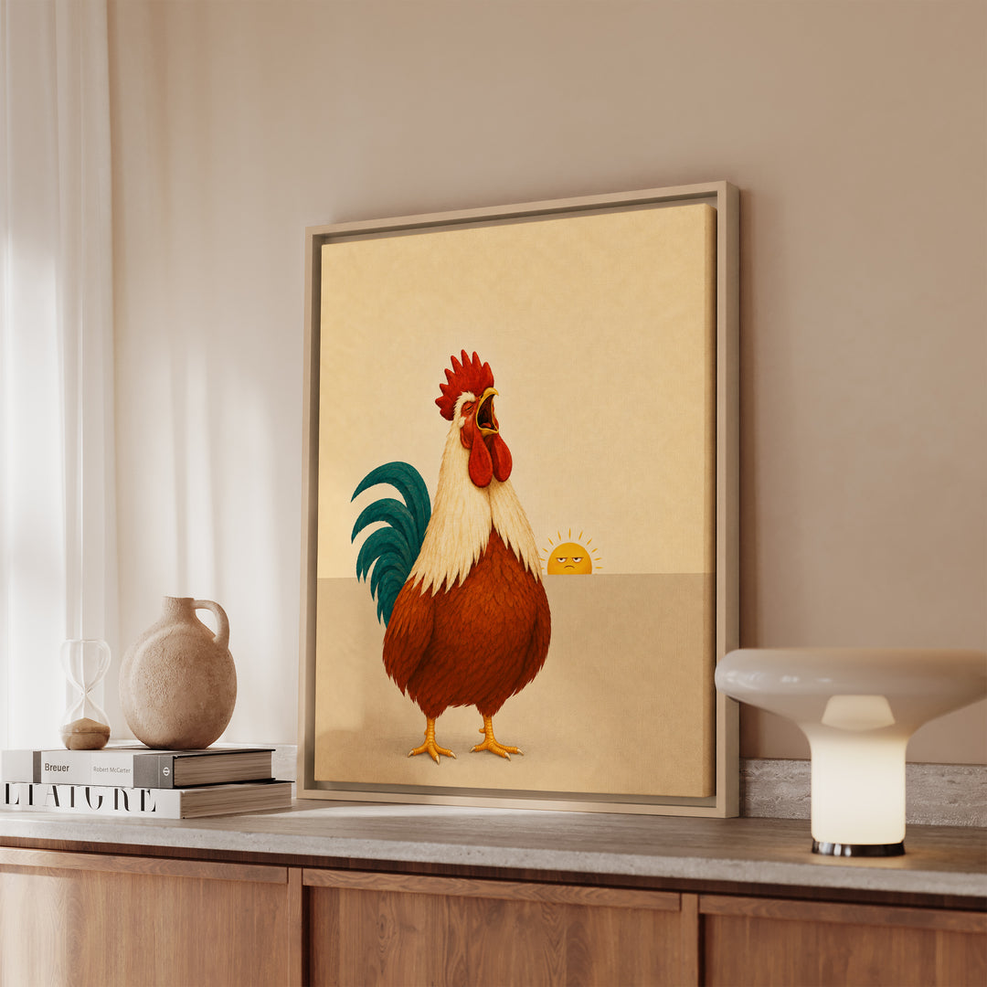 The Morning Announcement – Rooster Art with a Full Theatrical Dawn Crow – Framed Canvas Wall Art