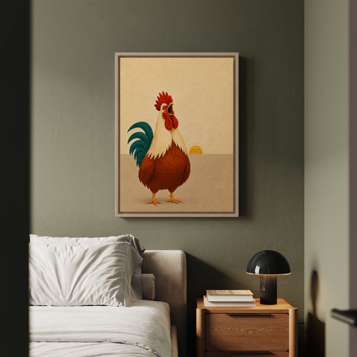 The Morning Announcement – Rooster Art with a Full Theatrical Dawn Crow – Framed Canvas Wall Art