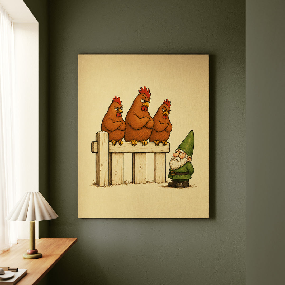 Hen Committee – Chicken Art with Three Hens Reviewing a Gnome – Canvas Wall Art