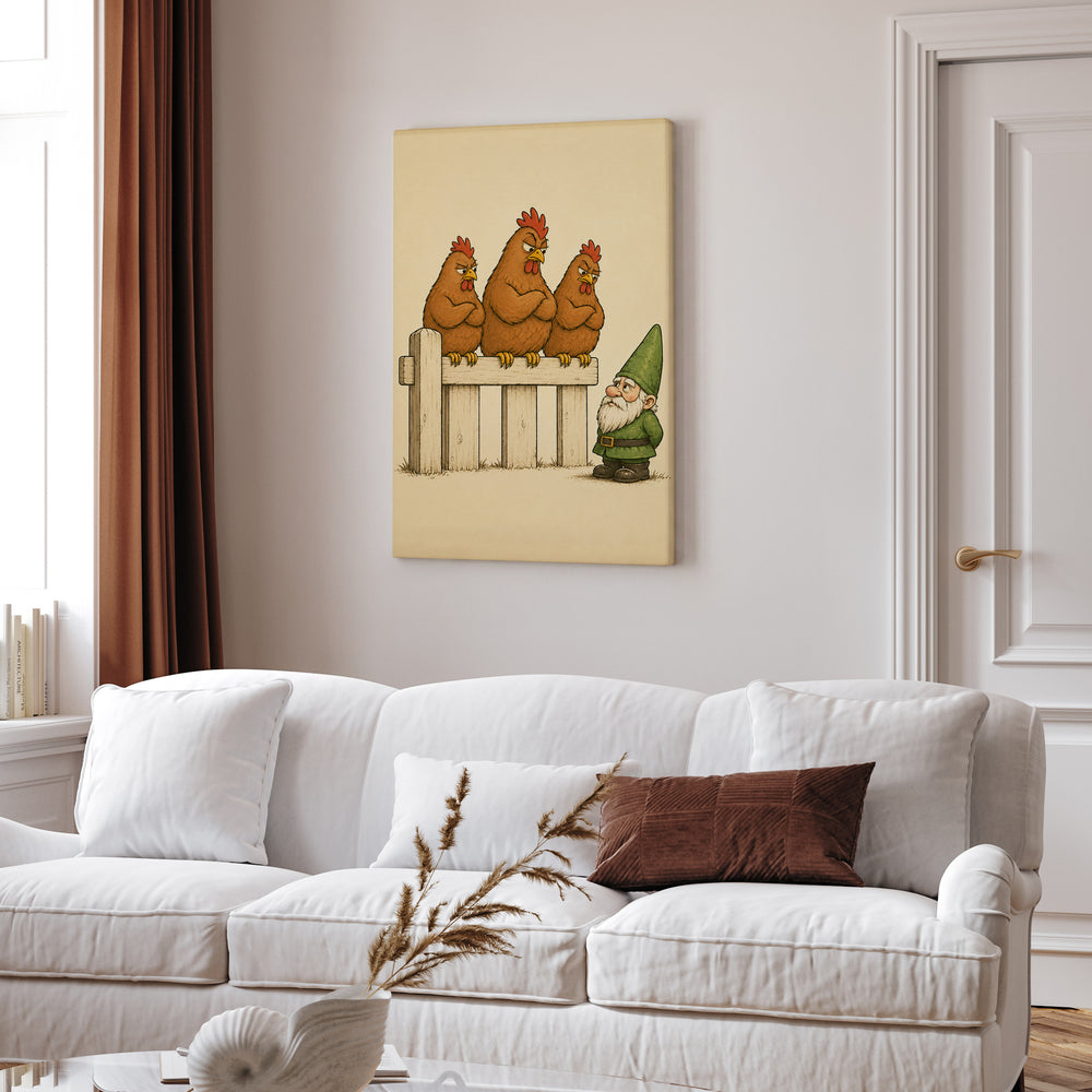 Hen Committee – Chicken Art with Three Hens Reviewing a Gnome – Canvas Wall Art