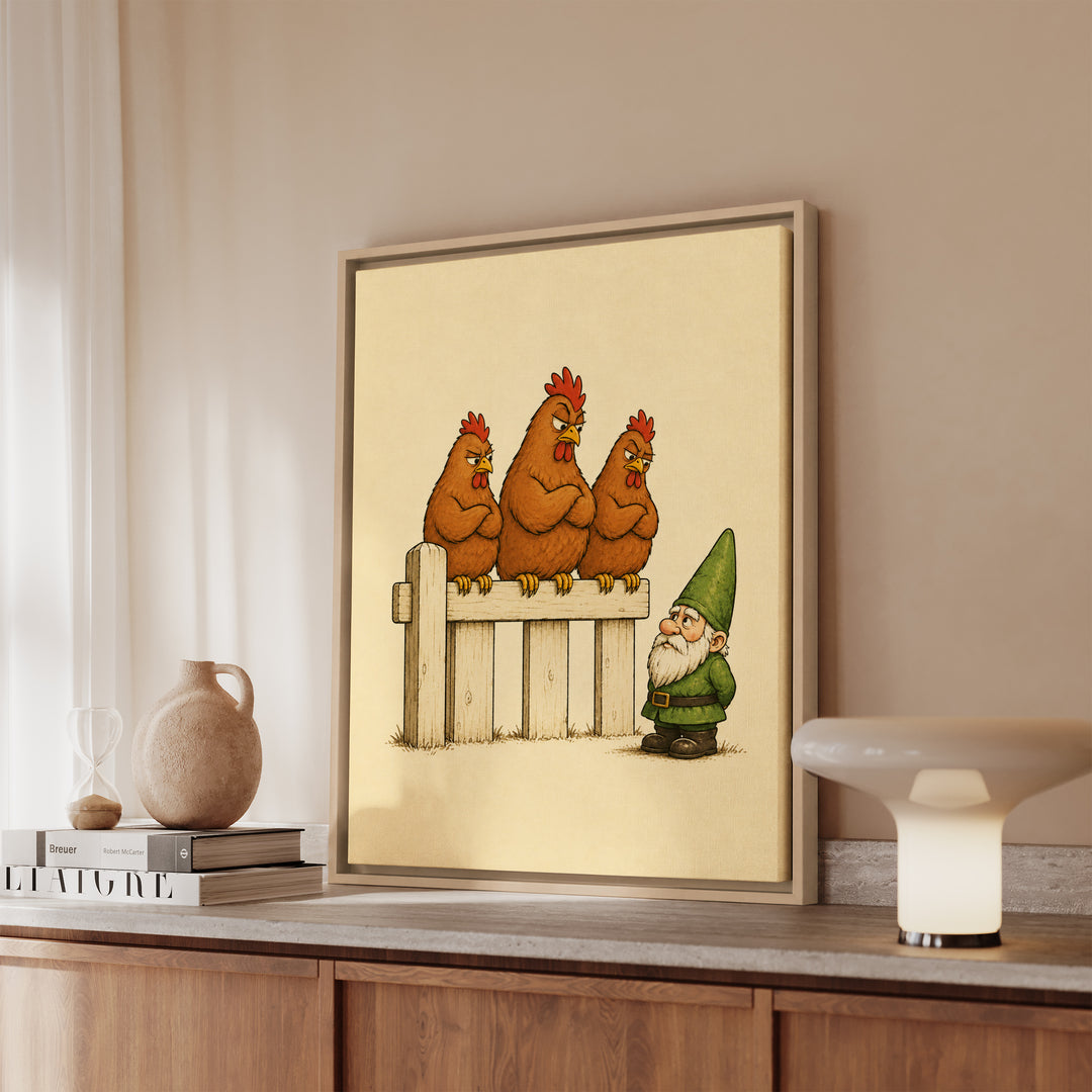 Hen Committee – Chicken Art with Three Hens Reviewing a Gnome – Framed Canvas Wall Art