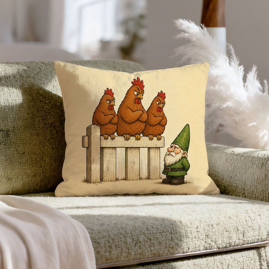 Hen Committee – Chicken Decor with Three Hens Reviewing a Gnome – Throw Pillow